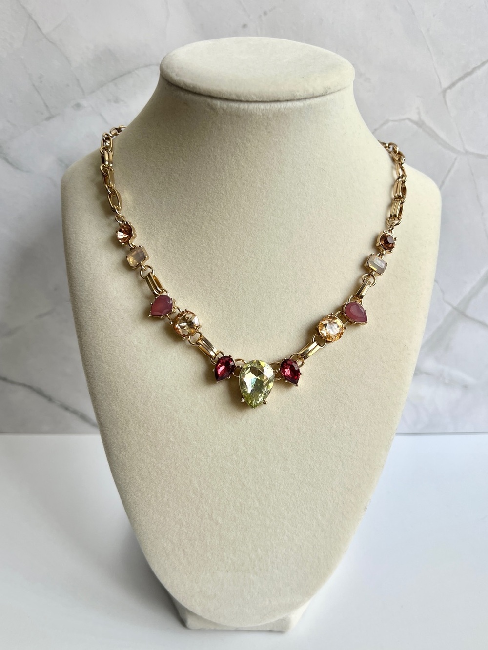 Gold-Tone Necklace with Pink and Green Crystals
